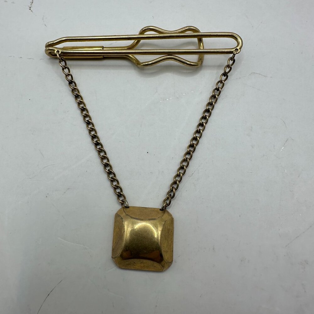 Vintage Hadley Gold Tone Tie Bar With Chain & Square Pendant For Men